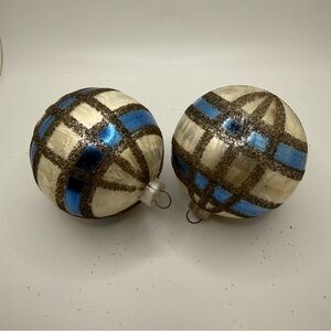 VINTAGE WEST GERMANY GLASS CHRISTMAS ORNAMENTS MICA GLITTER BLUE GOLD LARGE 3”